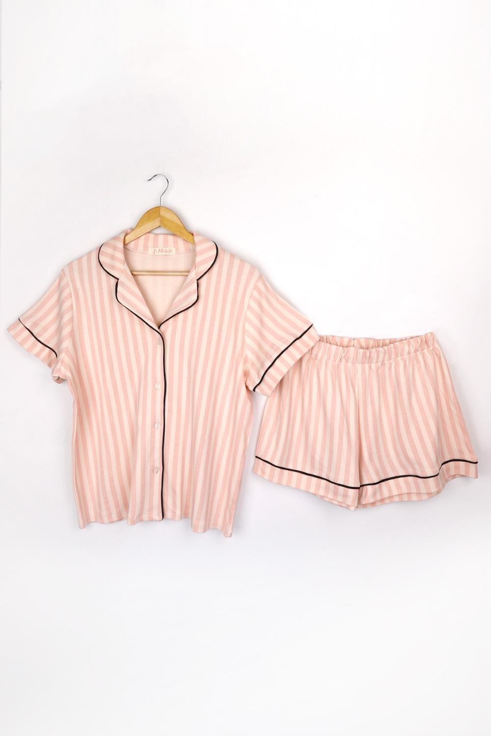 Pudra Şeritli Penye Kadın Pijama Takımı
