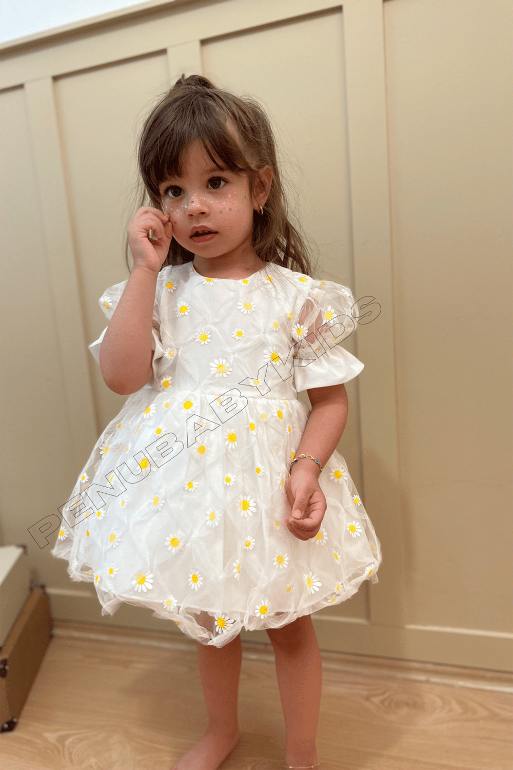 Beyaz Papatya Kısa Kol Kız Bebek Elbise - Elisa