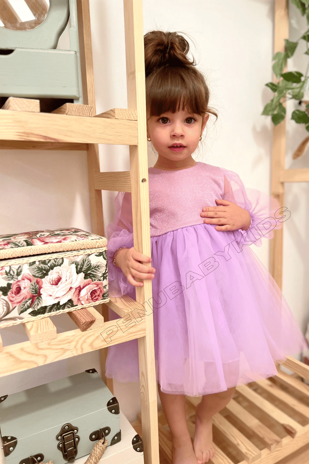 Mor Uzun Tül Kol Detaylı Tütülü Kız Bebek Elbise - Cinderella
