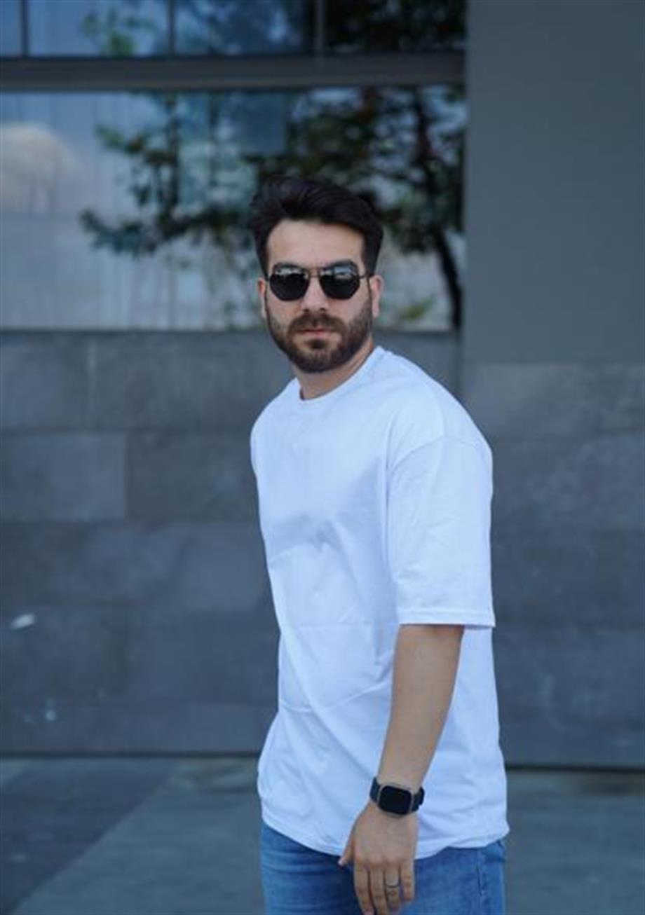 Erkek Rahat Kalıp Kısa Kol Basıc Bisiklet Yaka Oversize Tişört