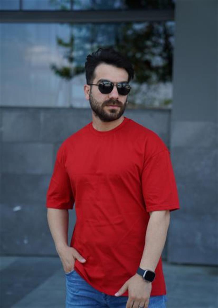 Erkek Rahat Kalıp Kısa Kol Basıc Bisiklet Yaka Oversize Tişört