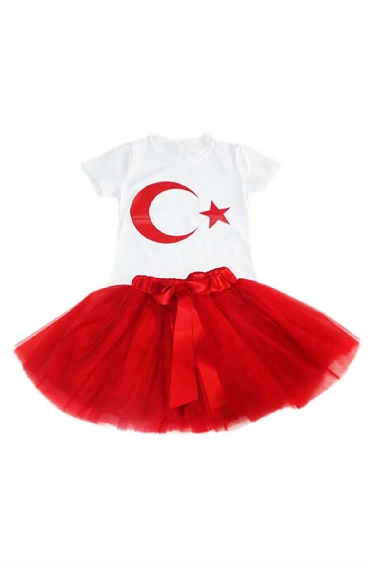 KIZ ÇOCUK KISA KOL 23 nisan 29 ekim BEYAZ ZEMİN ÜSTÜNE kırmızı ay yıldız KIRMIZI TÜTÜ(