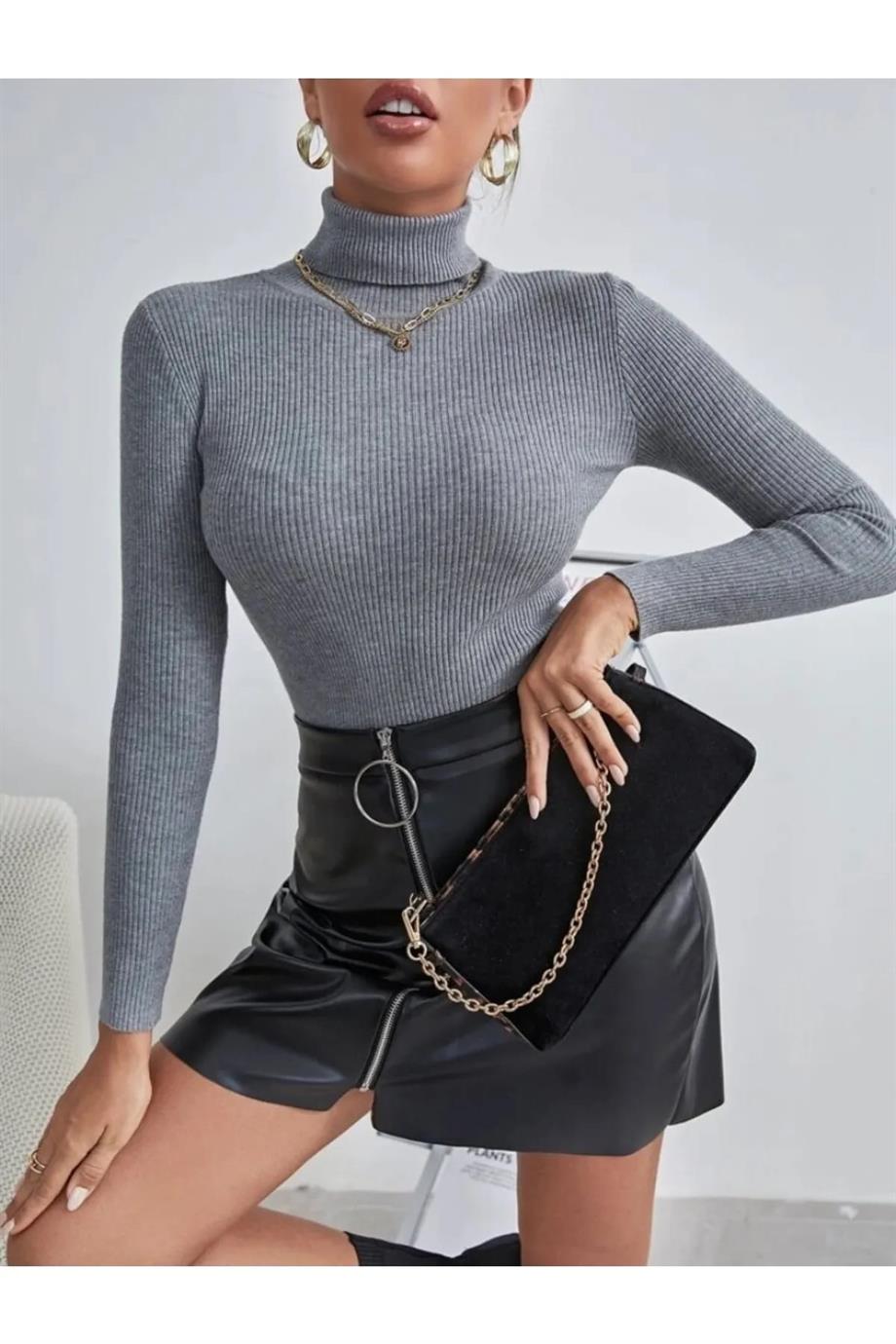 Unisex Antrasit Gri Pamuklu Balıkçı Yaka Şardonlu Slimfit Boğazlı Kazak
