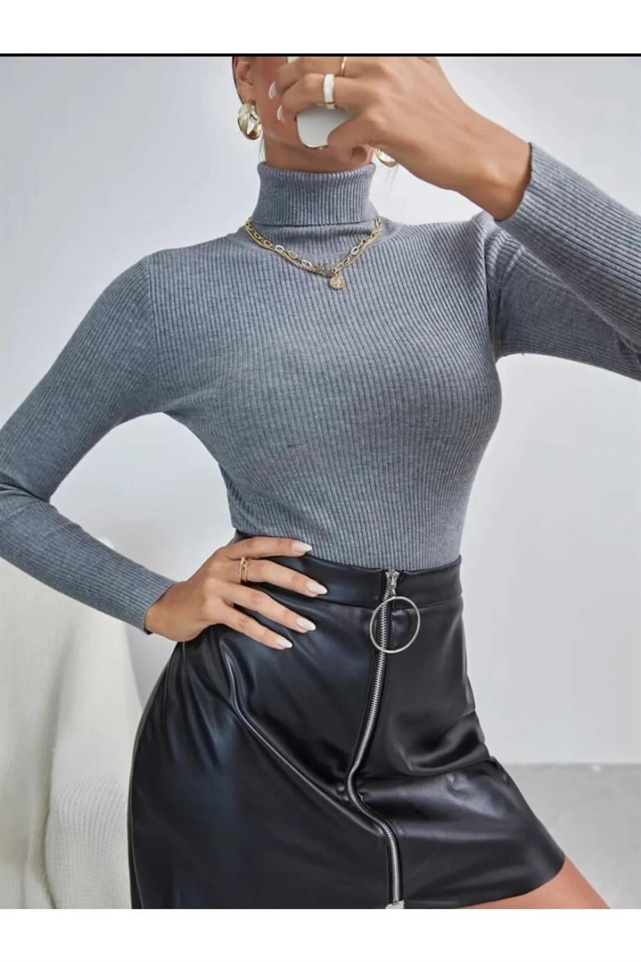 Unisex Antrasit Gri Pamuklu Balıkçı Yaka Şardonlu Slimfit Boğazlı Kazak