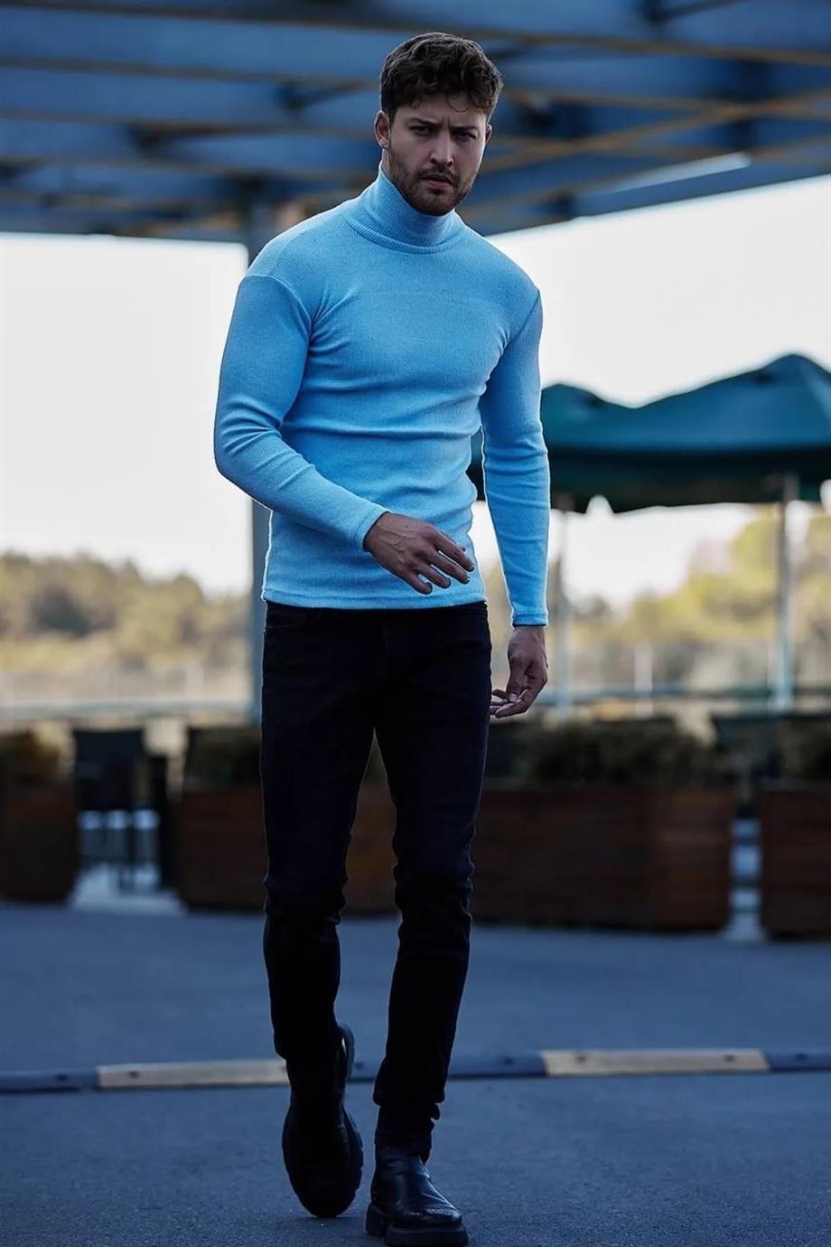 Unisex Bebe Mavisi Pamuklu Balıkçı Yaka Kaşkorse Şardonlu Slimfit Boğazlı Kazak