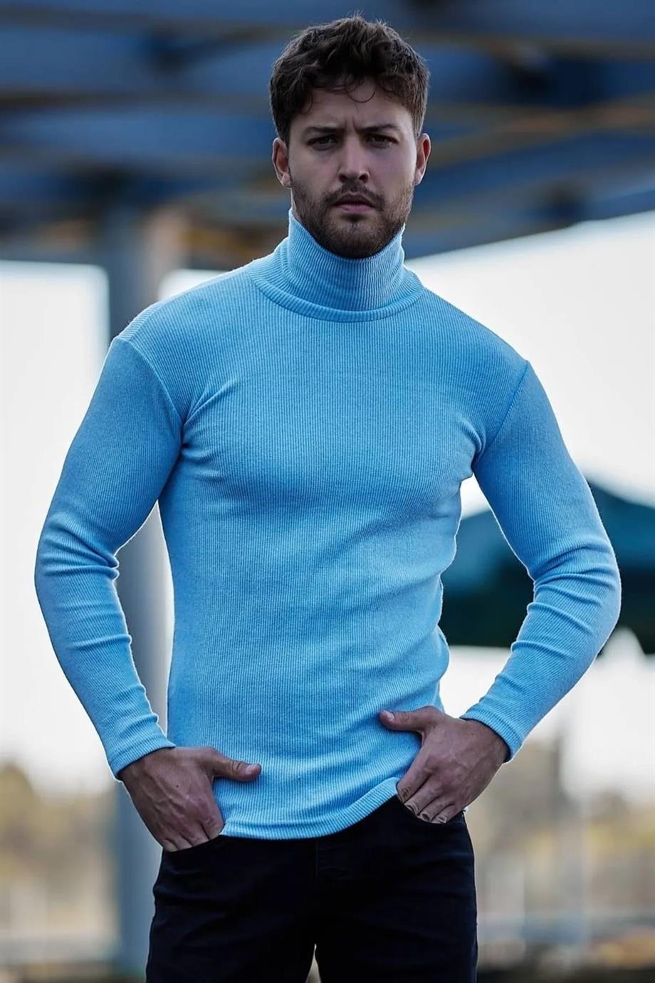 Unisex Bebe Mavisi Pamuklu Balıkçı Yaka Kaşkorse Şardonlu Slimfit Boğazlı Kazak