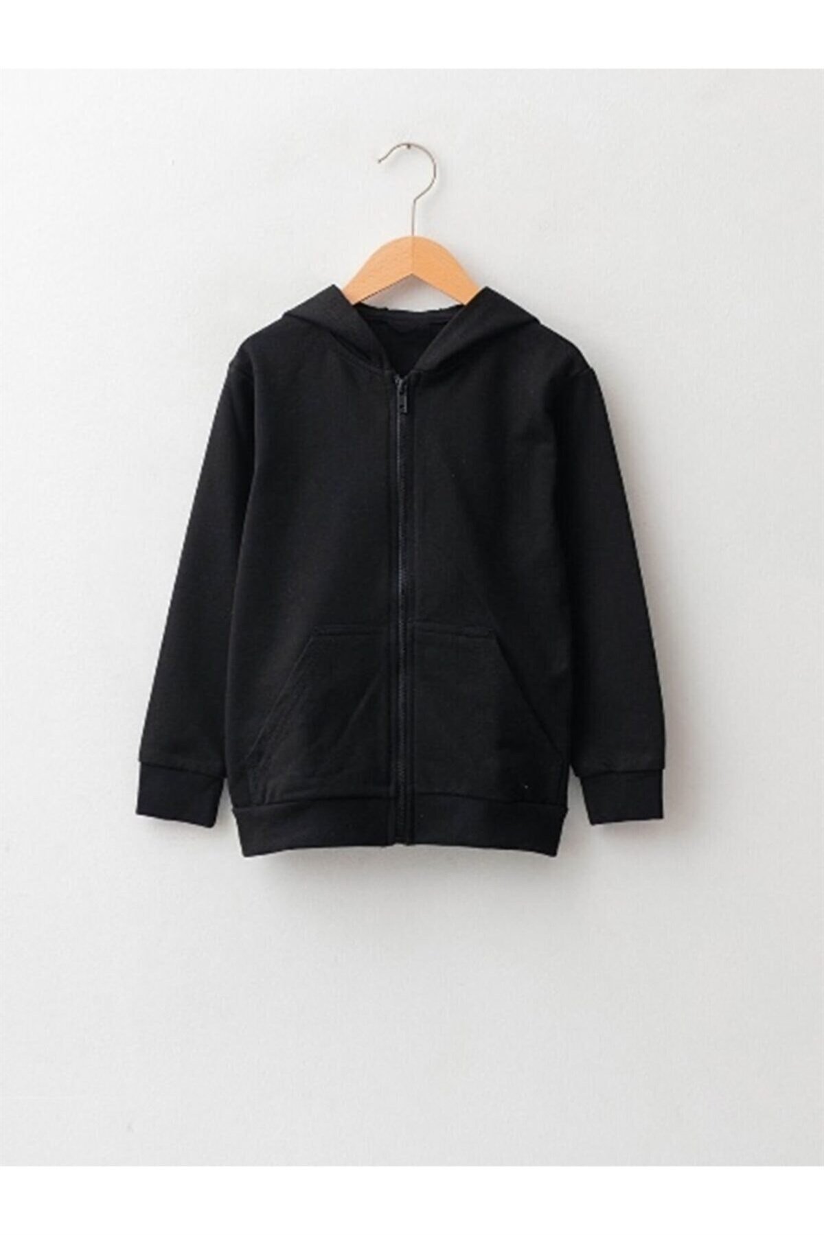 UNISEX ÇOCUK KAPÜŞONLU FERMUARLI ÜÇ İPLİK KIŞLIK  SİYAH POLAR SWEATSHIRT HIRKA