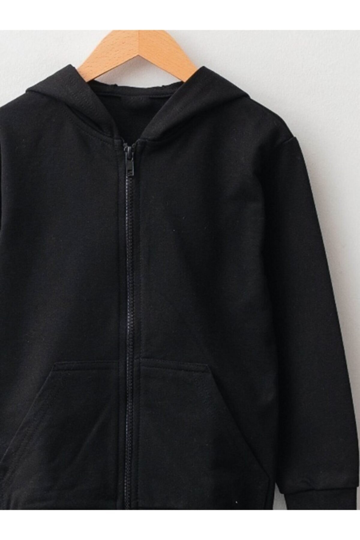 UNISEX ÇOCUK KAPÜŞONLU FERMUARLI ÜÇ İPLİK KIŞLIK  SİYAH POLAR SWEATSHIRT HIRKA