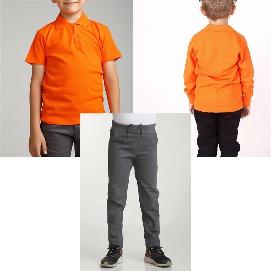 Unisex çocuk okul ribana bel pantolon - turuncu kısa kol uzun kol Polo yaka t-shirt 3lü takım