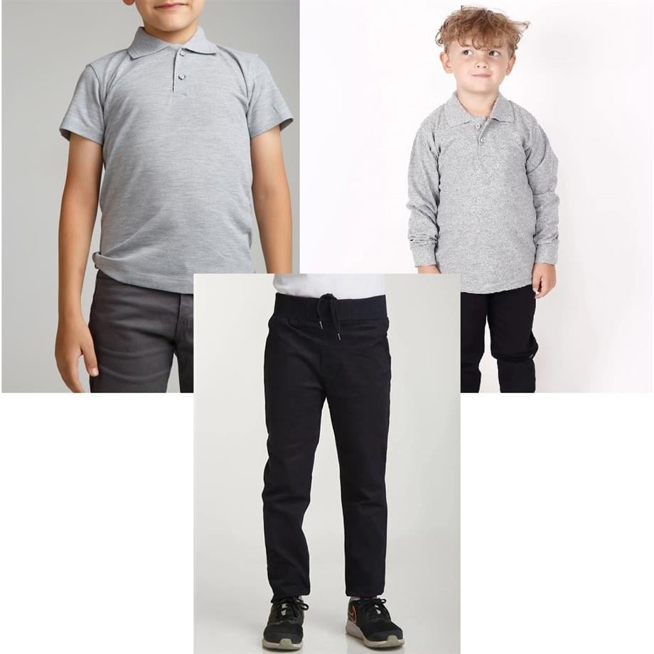 Unisex çocuk okul ribana bel pantolon - gri kısa kol uzun kol Polo yaka t-shirt 3lü takım