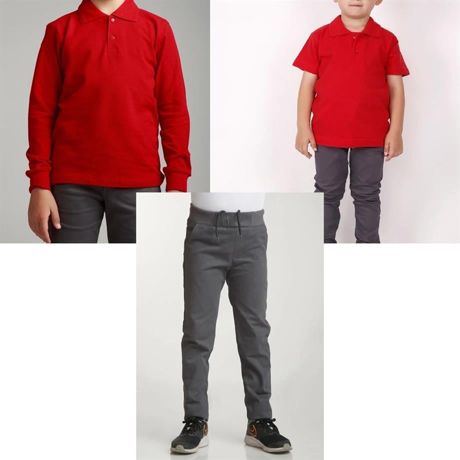 Unisex çocuk okul ribana bel pantolon - kırmızı kısa kol uzun kol Polo yaka t-shirt 3lü takım