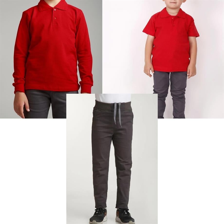 Unisex çocuk okul ribana bel pantolon - kırmızı kısa kol uzun kol Polo yaka t-shirt 3lü takım