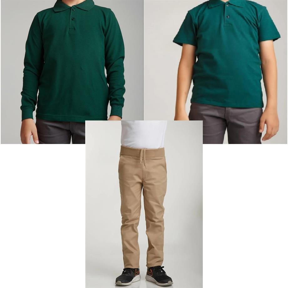 Unisex çocuk okul ribana bel pantolon - koyu yeşil kısa kol uzun kol Polo yaka t-shirt 3lü takım