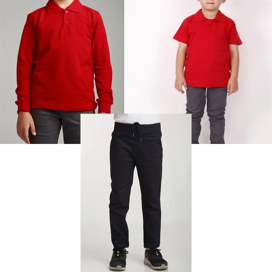 Unisex çocuk okul ribana bel pantolon - kırmızı kısa kol uzun kol Polo yaka t-shirt 3lü takım