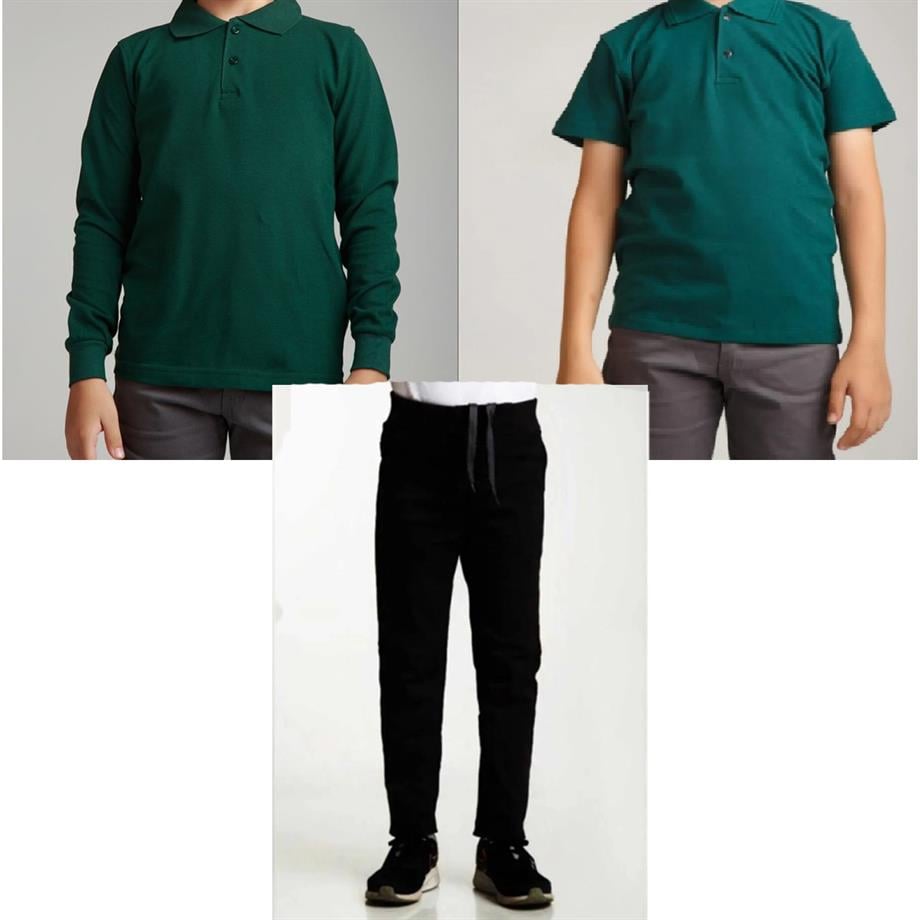 Unisex çocuk okul ribana bel pantolon - koyu yeşil kısa kol uzun kol Polo yaka t-shirt 3lü takım