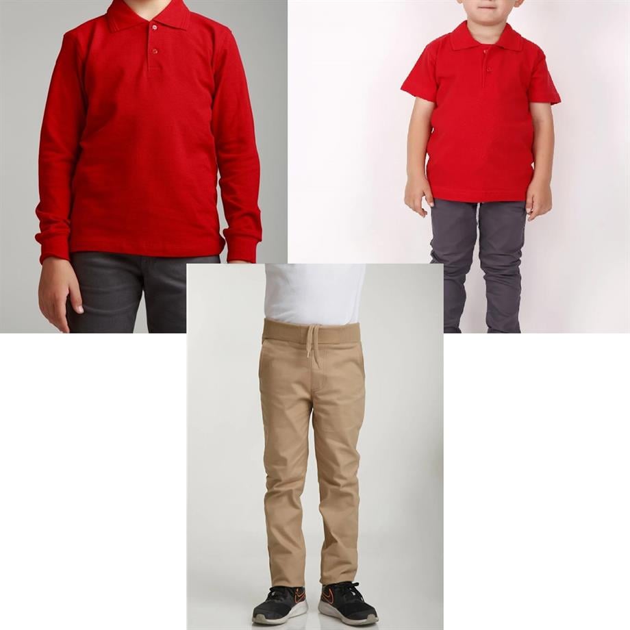 Unisex çocuk okul ribana bel pantolon - kırmızı kısa kol uzun kol Polo yaka t-shirt 3lü takım