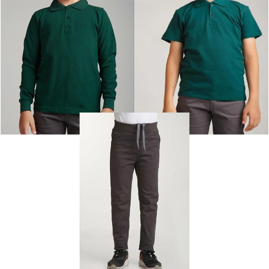 Unisex çocuk okul ribana bel pantolon - koyu yeşil kısa kol uzun kol Polo yaka t-shirt 3lü takım