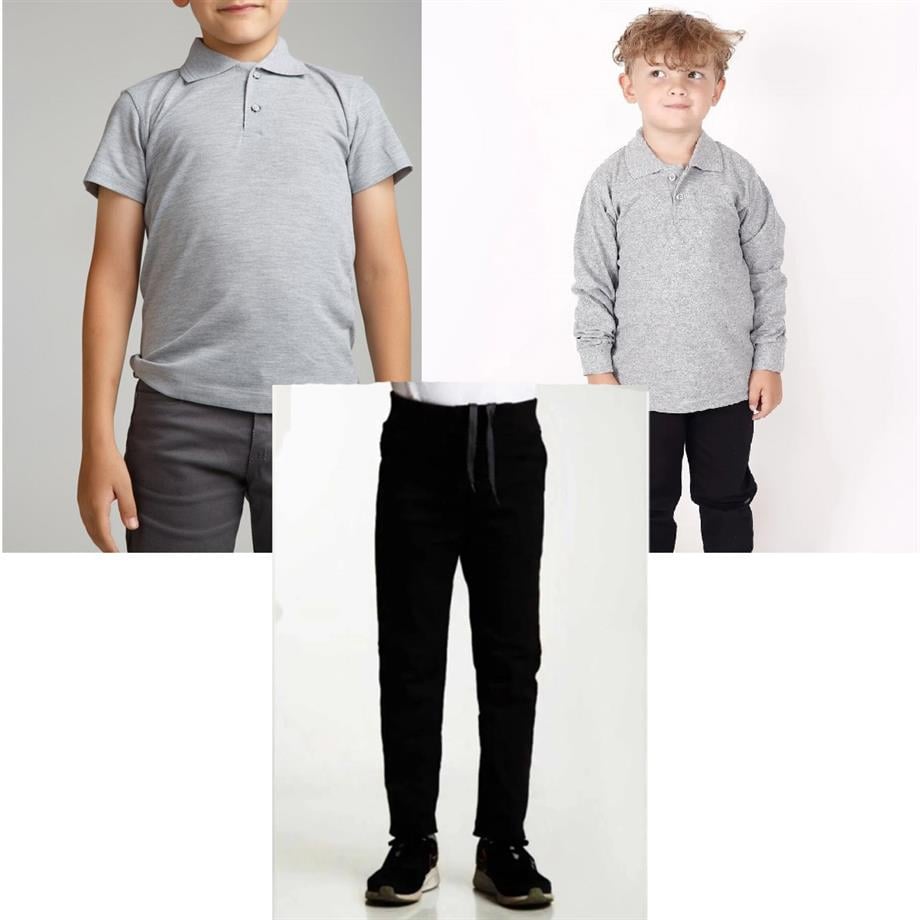 Unisex çocuk okul ribana bel pantolon - gri kısa kol uzun kol Polo yaka t-shirt 3lü takım