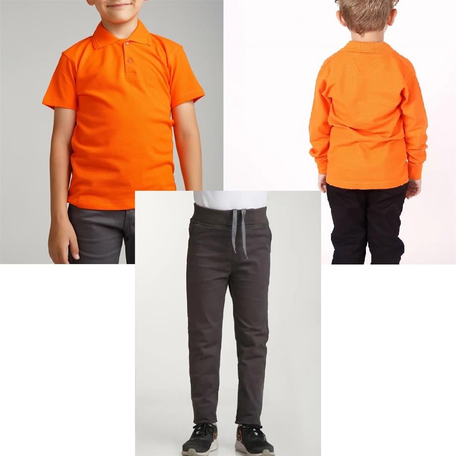 Unisex çocuk okul ribana bel pantolon - turuncu kısa kol uzun kol Polo yaka t-shirt 3lü takım