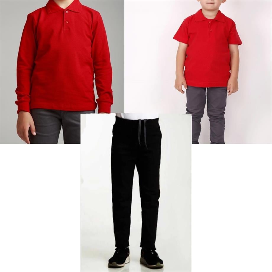 Unisex çocuk okul ribana bel pantolon - kırmızı kısa kol uzun kol Polo yaka t-shirt 3lü takım
