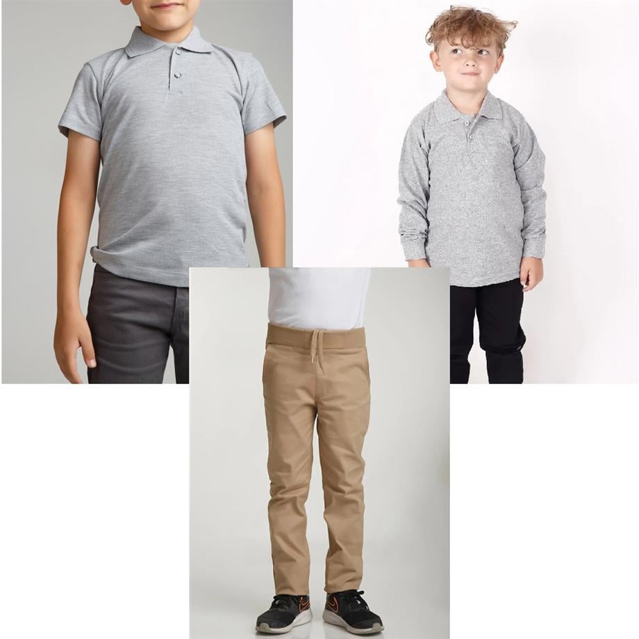 Unisex çocuk okul ribana bel pantolon - gri kısa kol uzun kol Polo yaka t-shirt 3lü takım