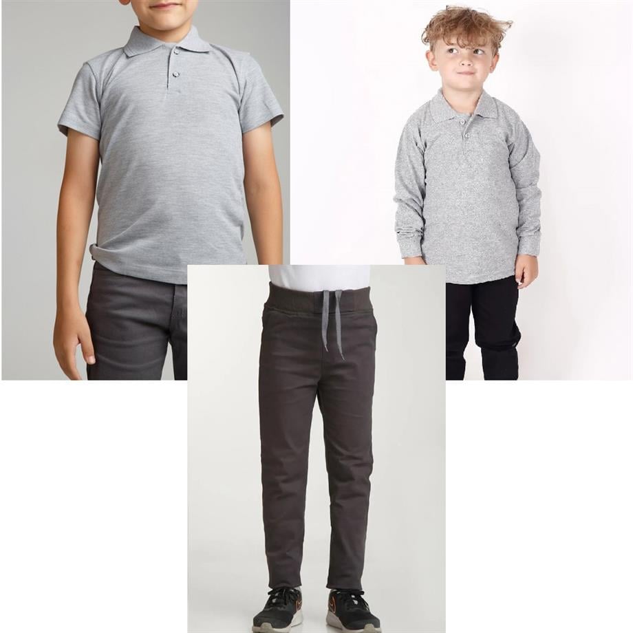 Unisex çocuk okul ribana bel pantolon - gri kısa kol uzun kol Polo yaka t-shirt 3lü takım
