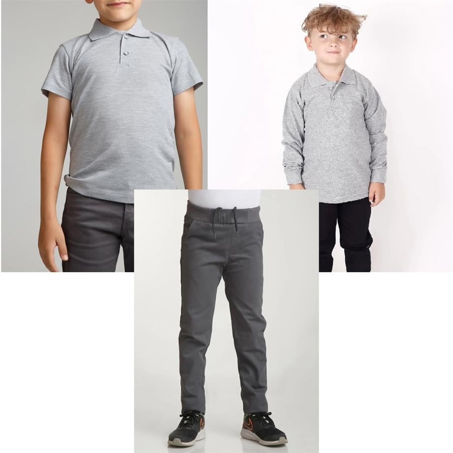 Unisex çocuk okul ribana bel pantolon - gri kısa kol uzun kol Polo yaka t-shirt 3lü takım