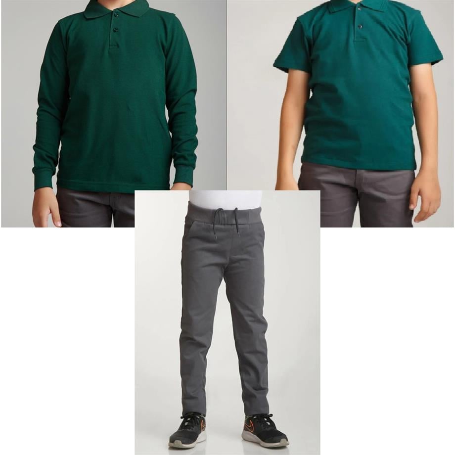 Unisex çocuk okul ribana bel pantolon - koyu yeşil kısa kol uzun kol Polo yaka t-shirt 3lü takım