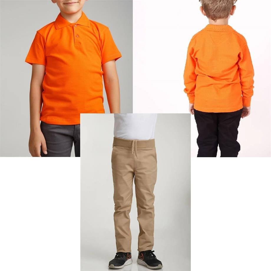 Unisex çocuk okul ribana bel pantolon - turuncu kısa kol uzun kol Polo yaka t-shirt 3lü takım