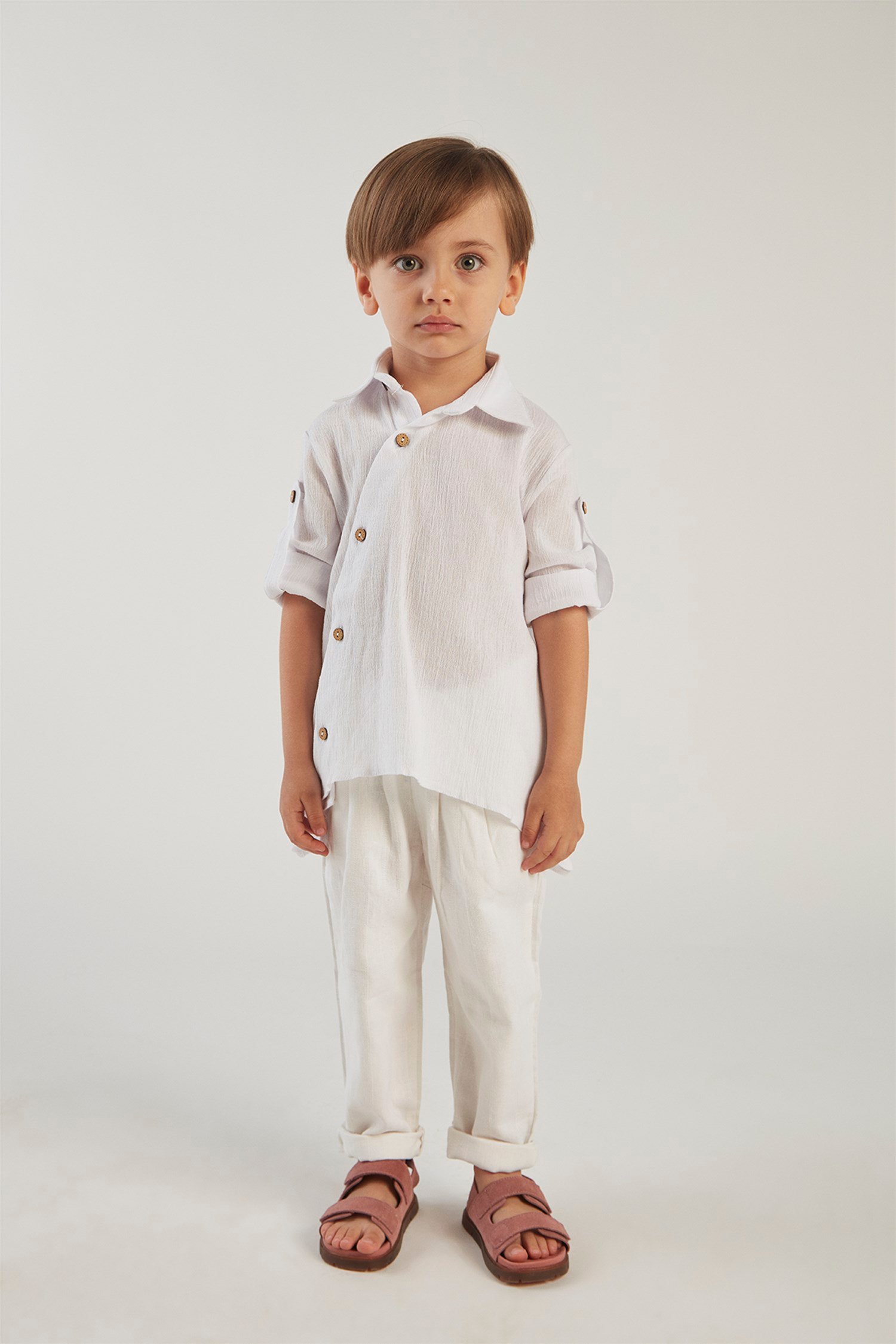 hoQuspoQus Erkek Çocuk İkili Takım (Şile Bezi Asimetrik Gömlek - Keten  Pantolon) - Beyaz