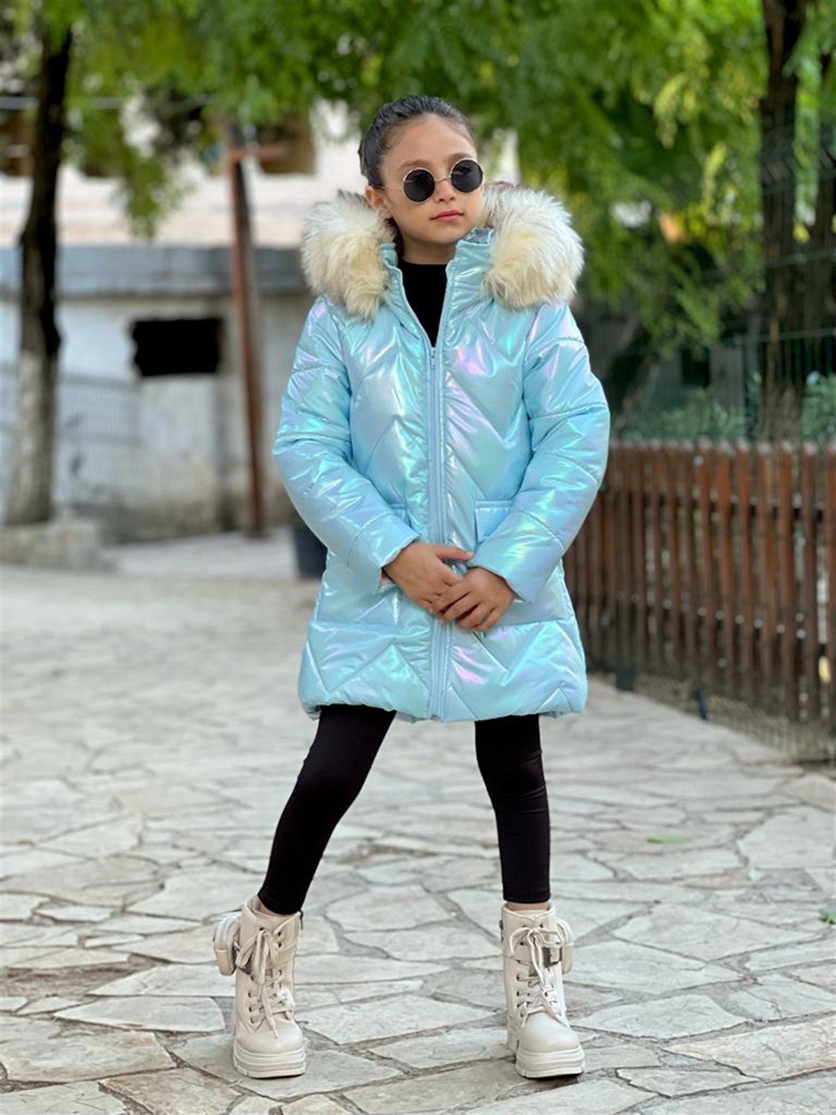 Kız Kız Çocuk Parlak Kumaş Tarz Mont Mavi - BebegiminDolabinda.com