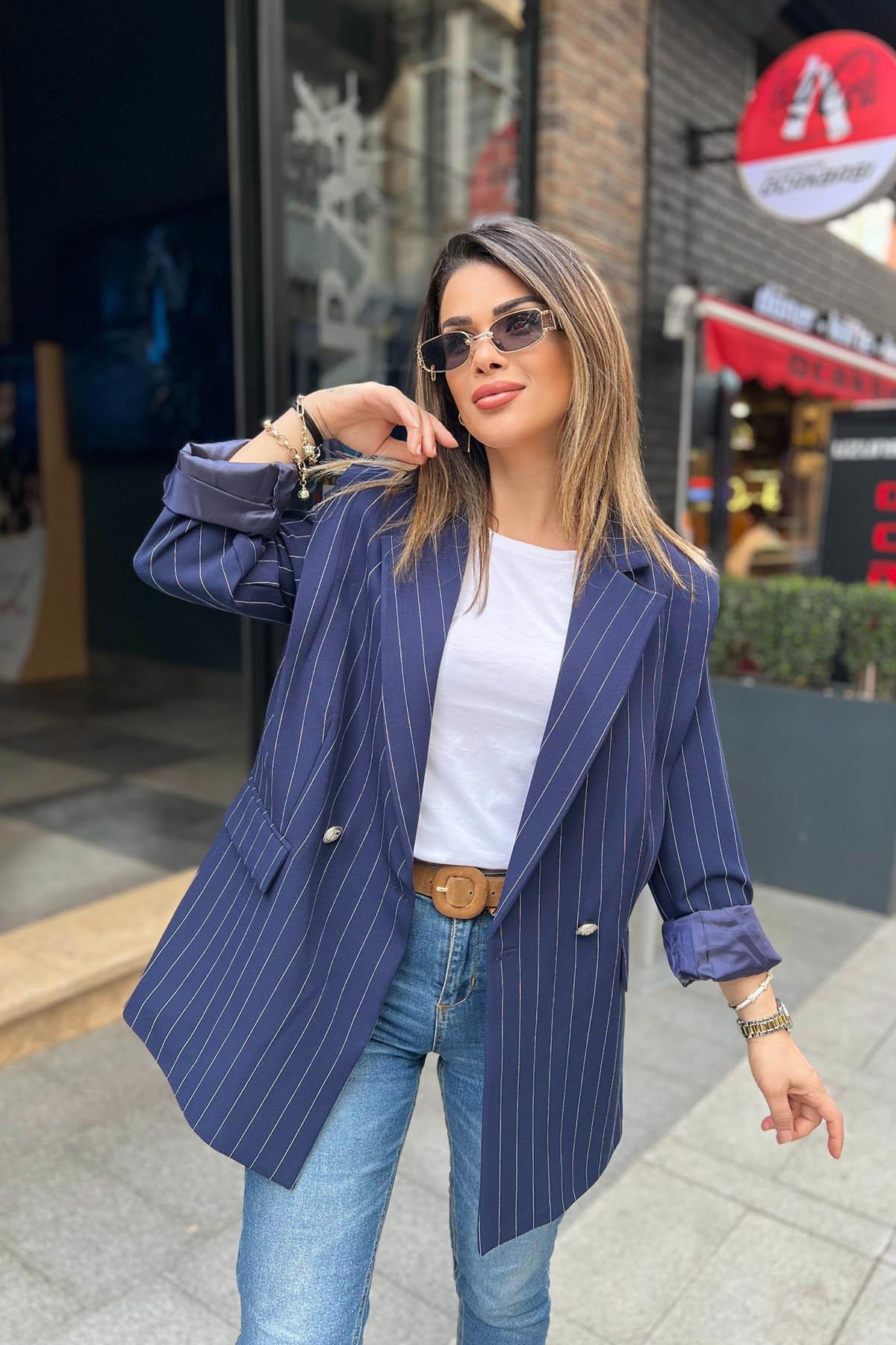 Eswomes Omzu Pileli İcardi Ceket Lacivert | Eswomes.com