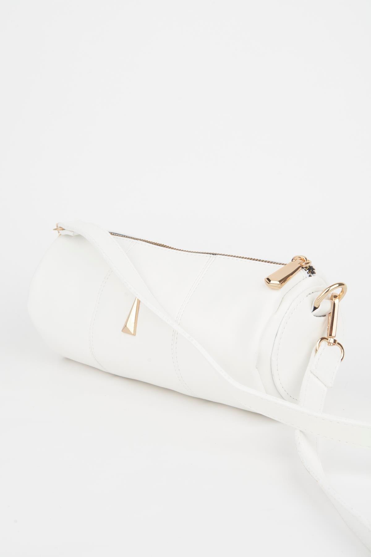 Cylinder Baguette White Faux Leather Crossbody Bag | Crocos