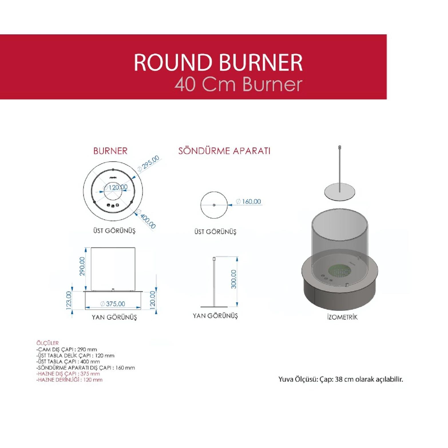Starfire Yuvarlak Burner Camlı Bioethanol Şömine 40 cm
