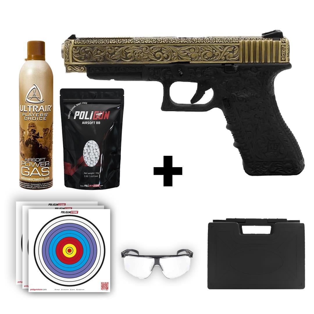 We Glock 34 Ivory Gravürlü Led Kutulu Airsoft Tabanca + Green Gas