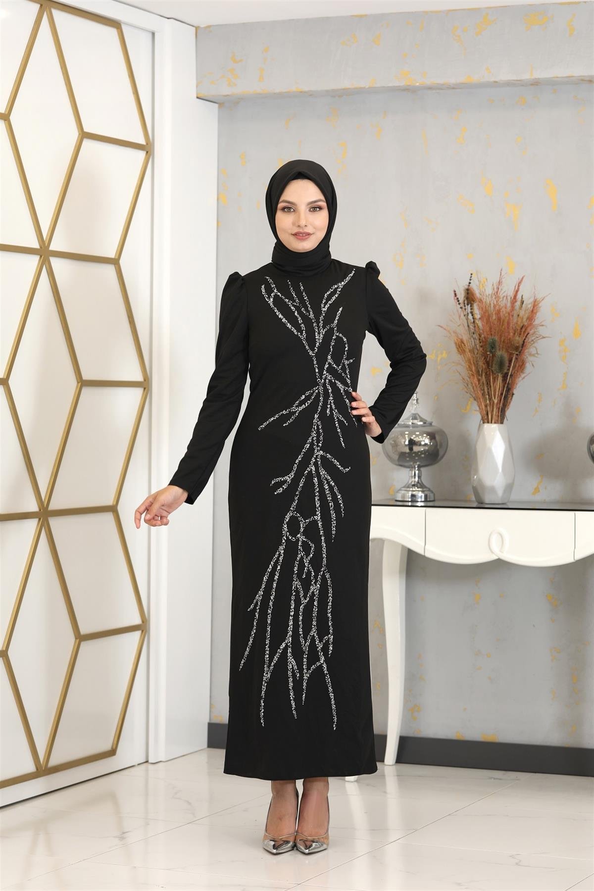 Applique Embroidered Pencil Tuana Pencil Hijab Dress Black