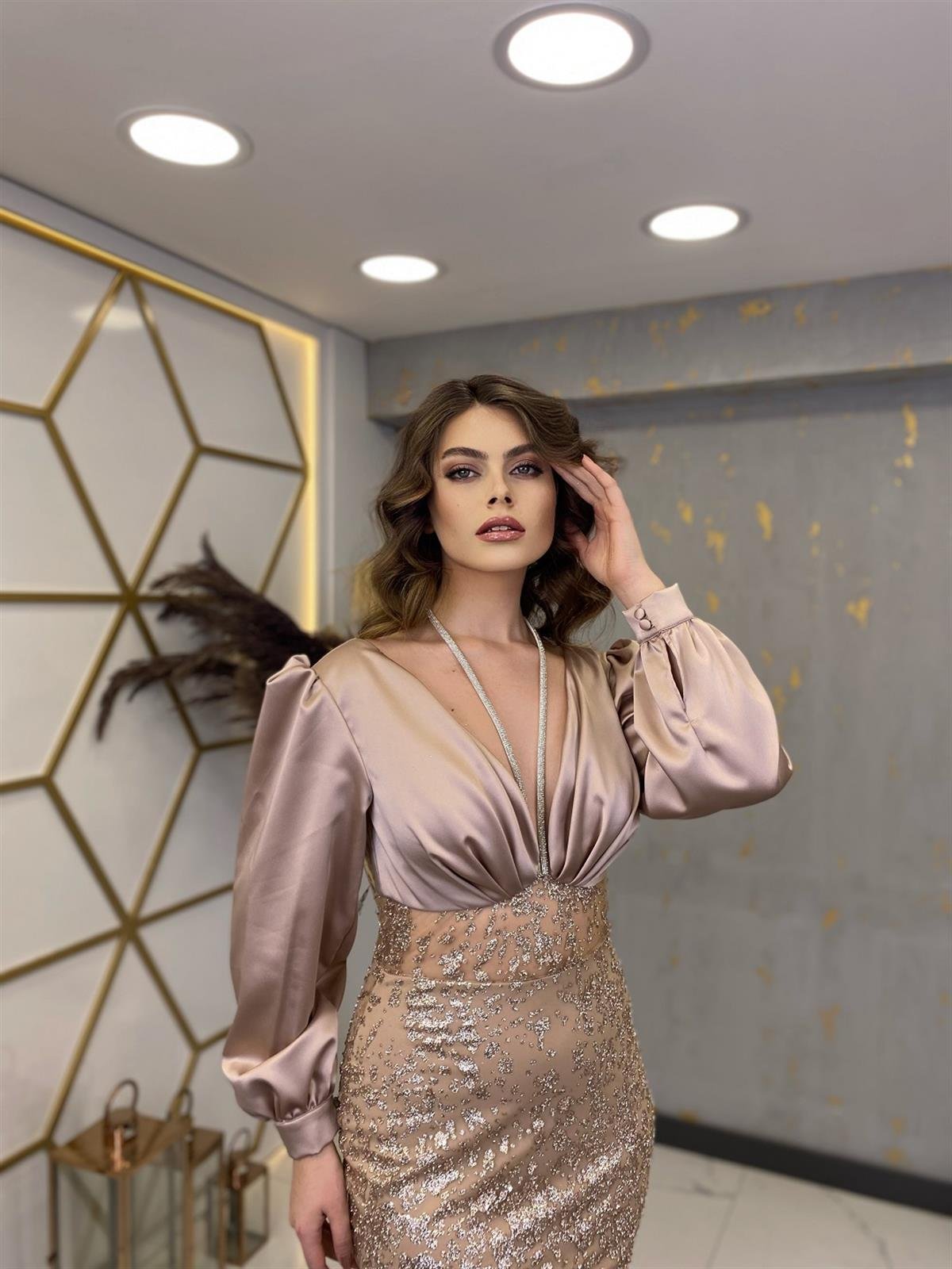 Hazal Evening Dress with Balloon Sleeves with Stone Neck - Beige