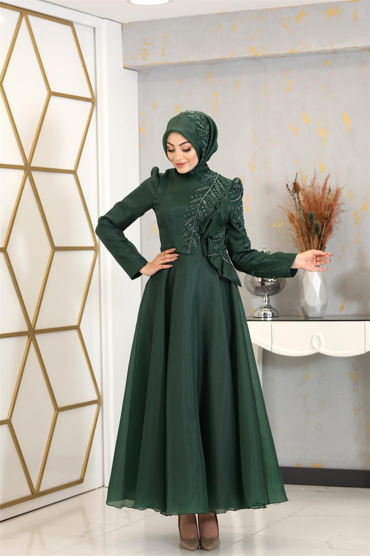 Hazel Hijab Evening Dress with Flower Detail - Emerald