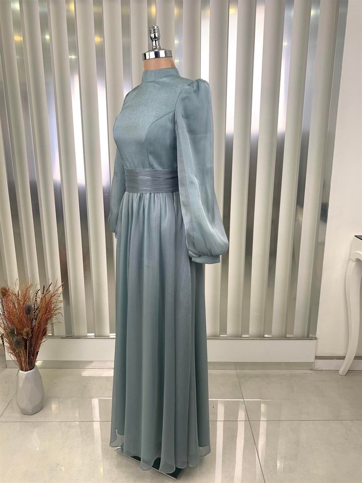 Afra Hijab Evening Dress with Balloon Sleeves with Waist Belt - Mint