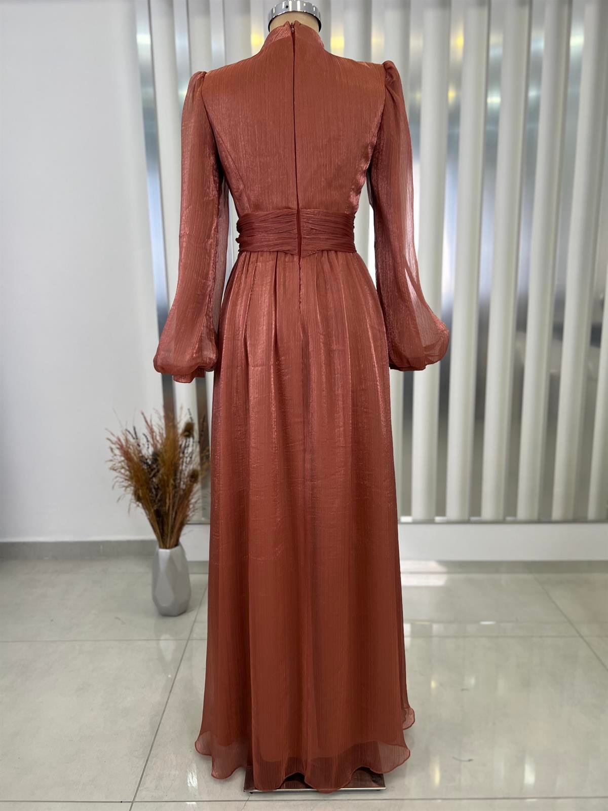 Afra Hijab Evening Dress With Belt Detail Hidden Zipper Copper