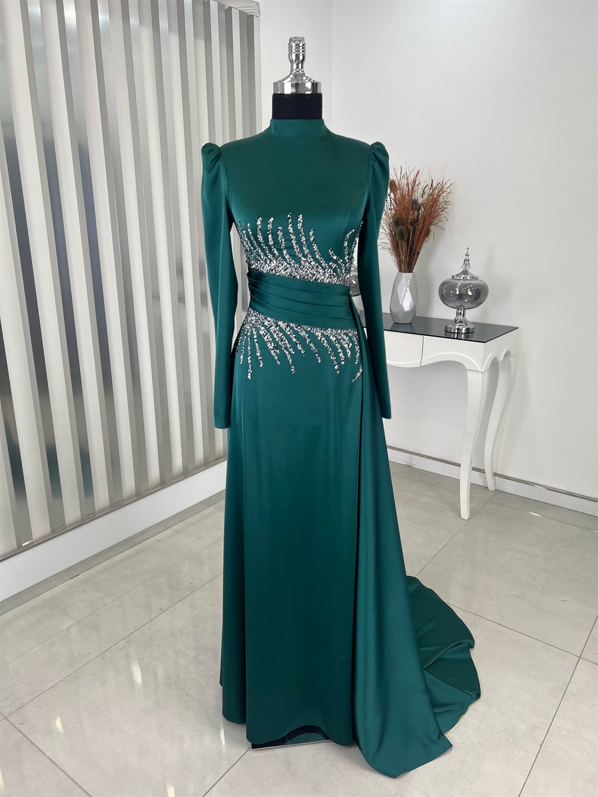 Ceyla Hijab Evening Dress with Drape Front Emerald with Stone Detail