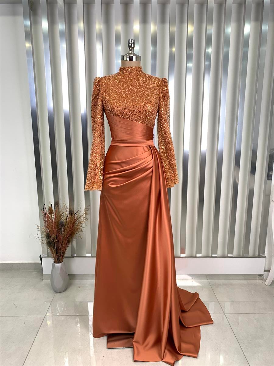 Lavin Bead Detailed Hijab Evening Dress Orange