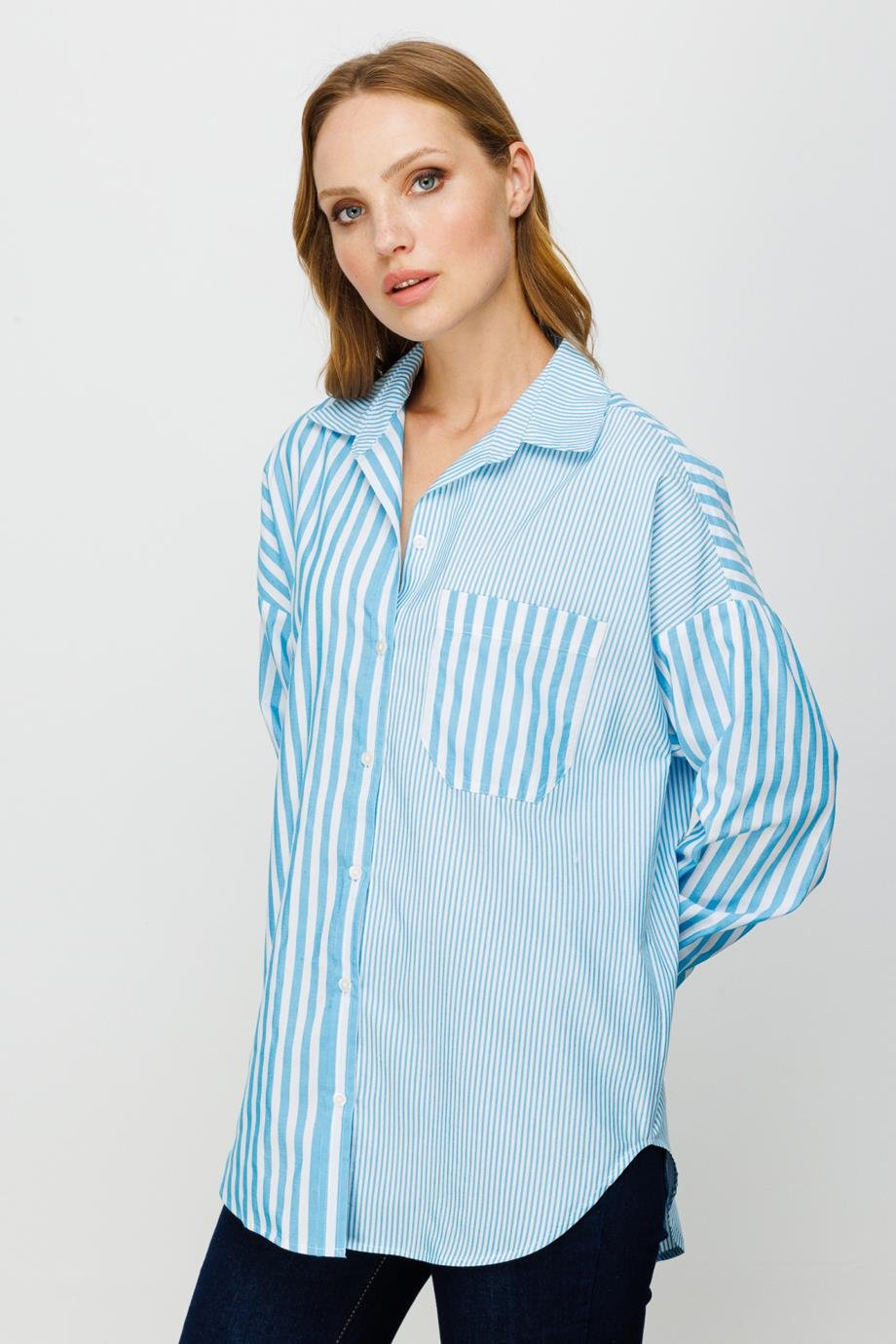 Ekol Çizgili Uzun Mavi Kadın Gömlek 5412-2Y3