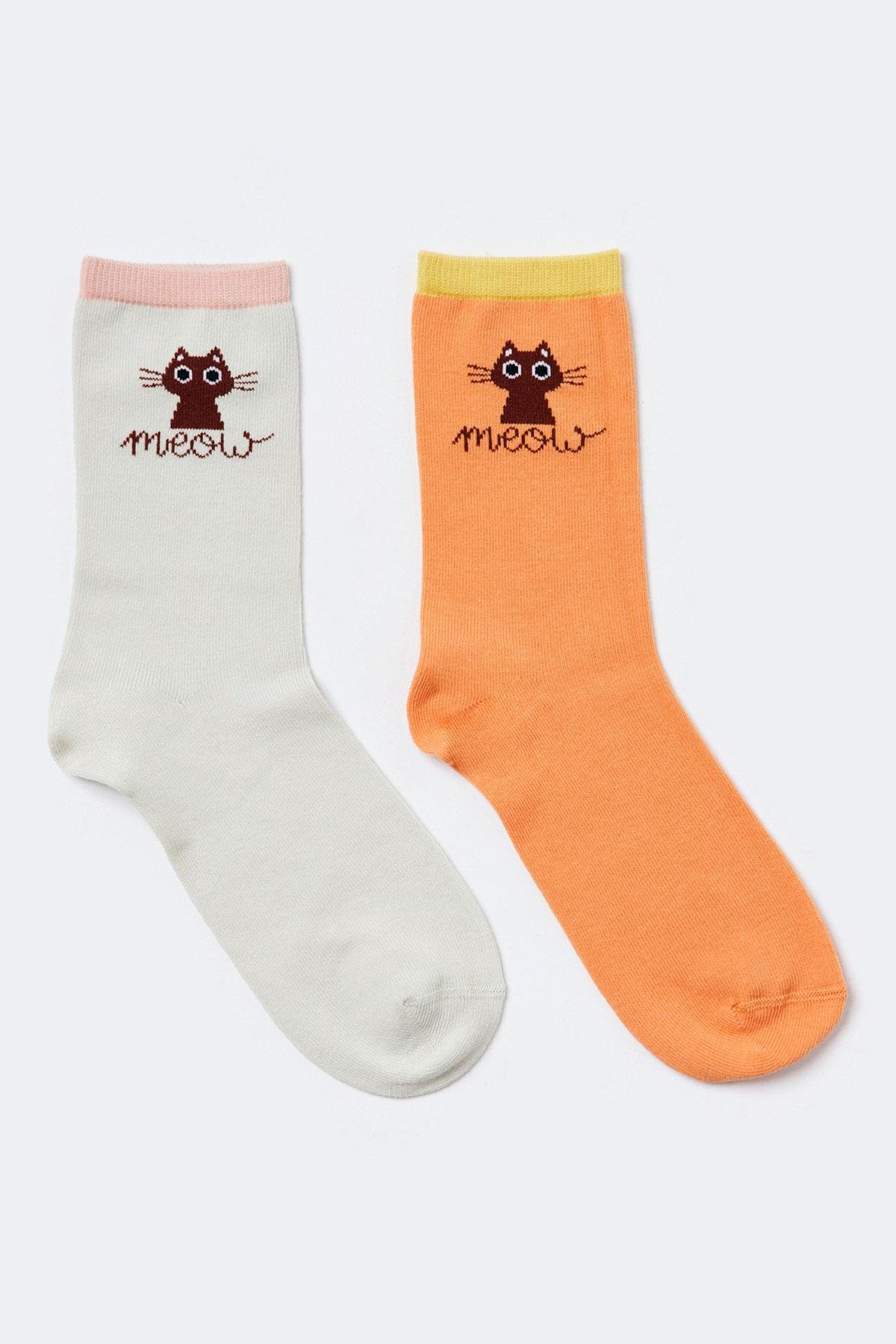 2'li Paket Meow Kadın Soket Çorap Yeşil/Turuncu