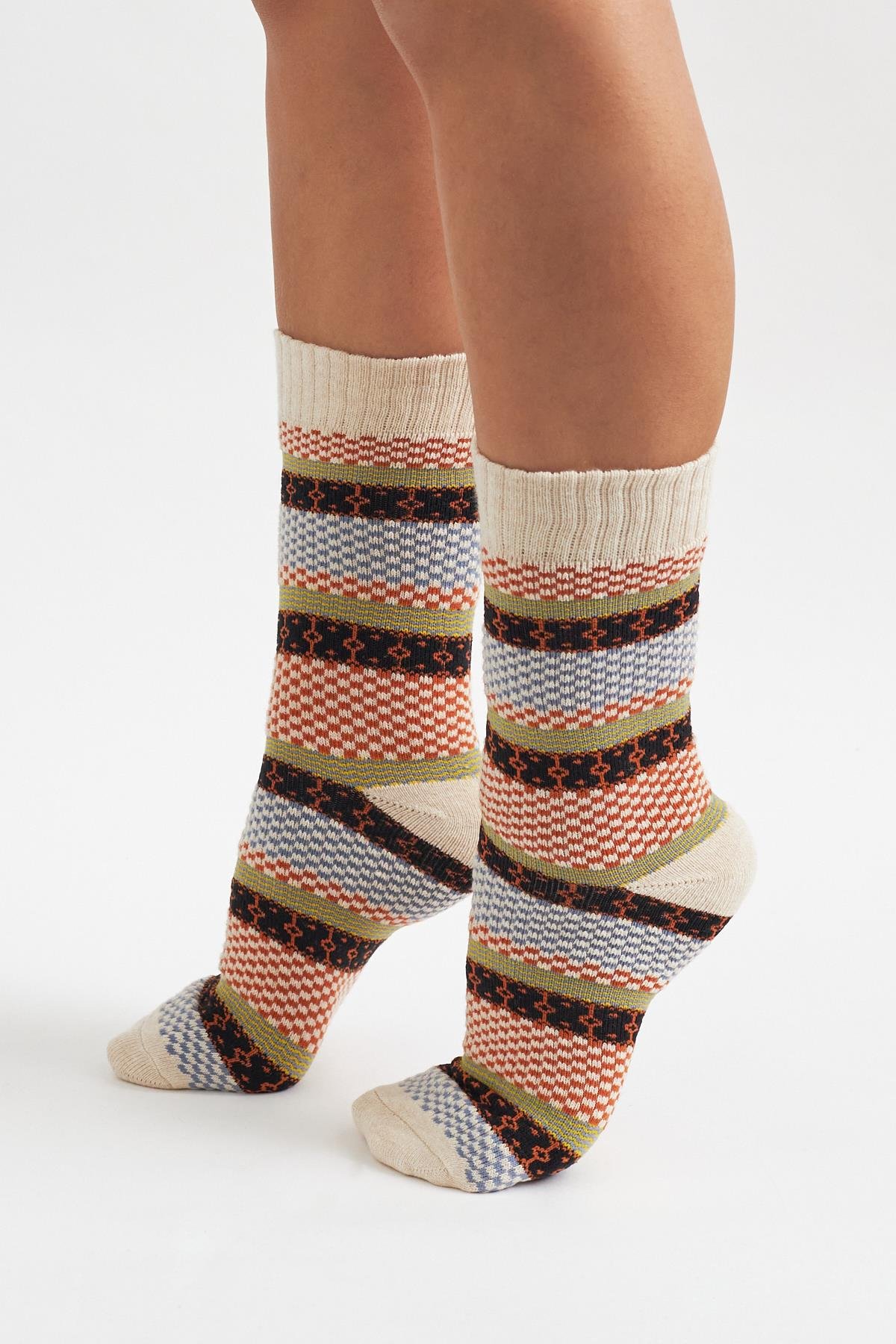 Desenli Erkek Soket Çorap Ekru