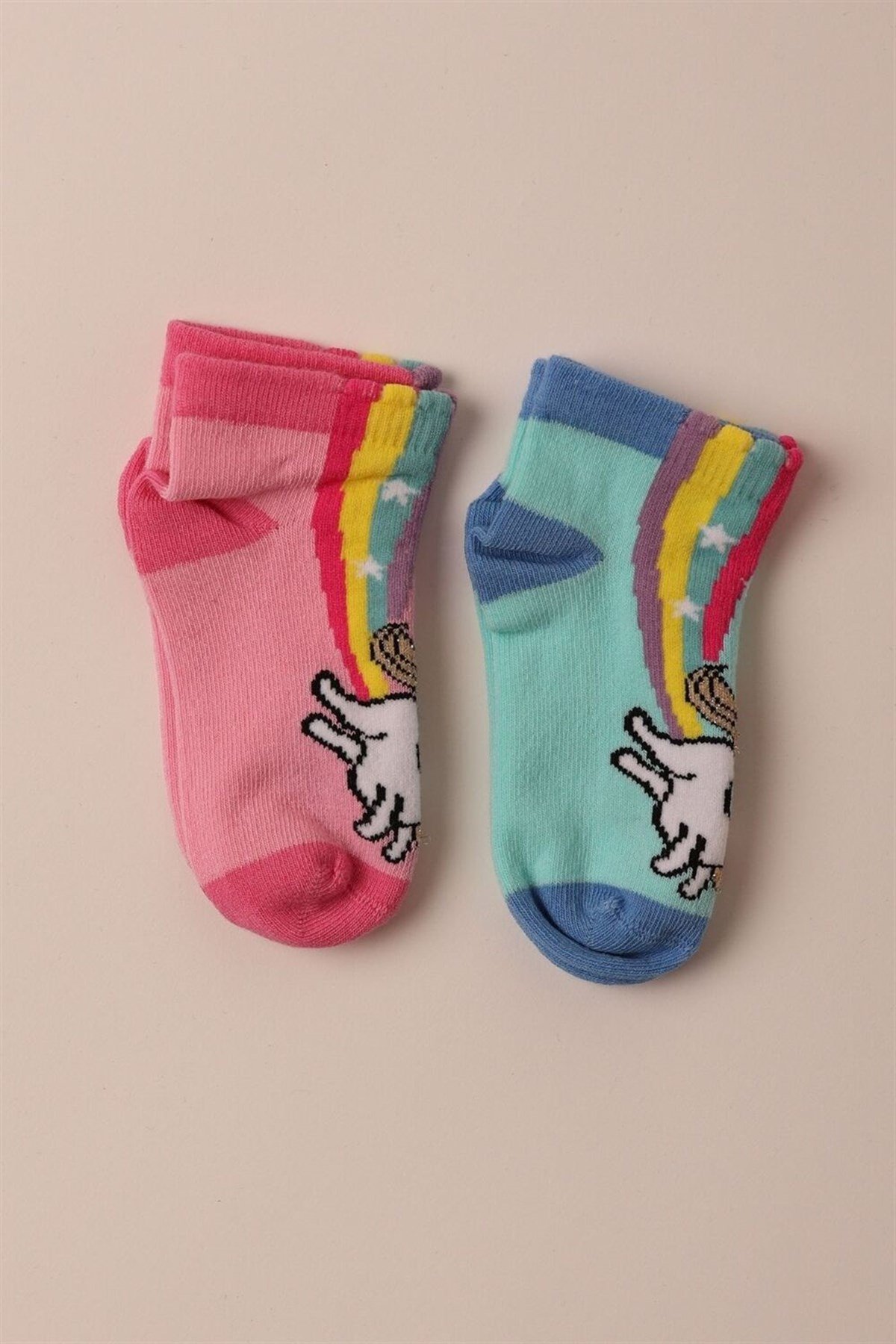 2 li Paket Funny Unicorn Bebek Patik Çorap Yeşil/Pembe