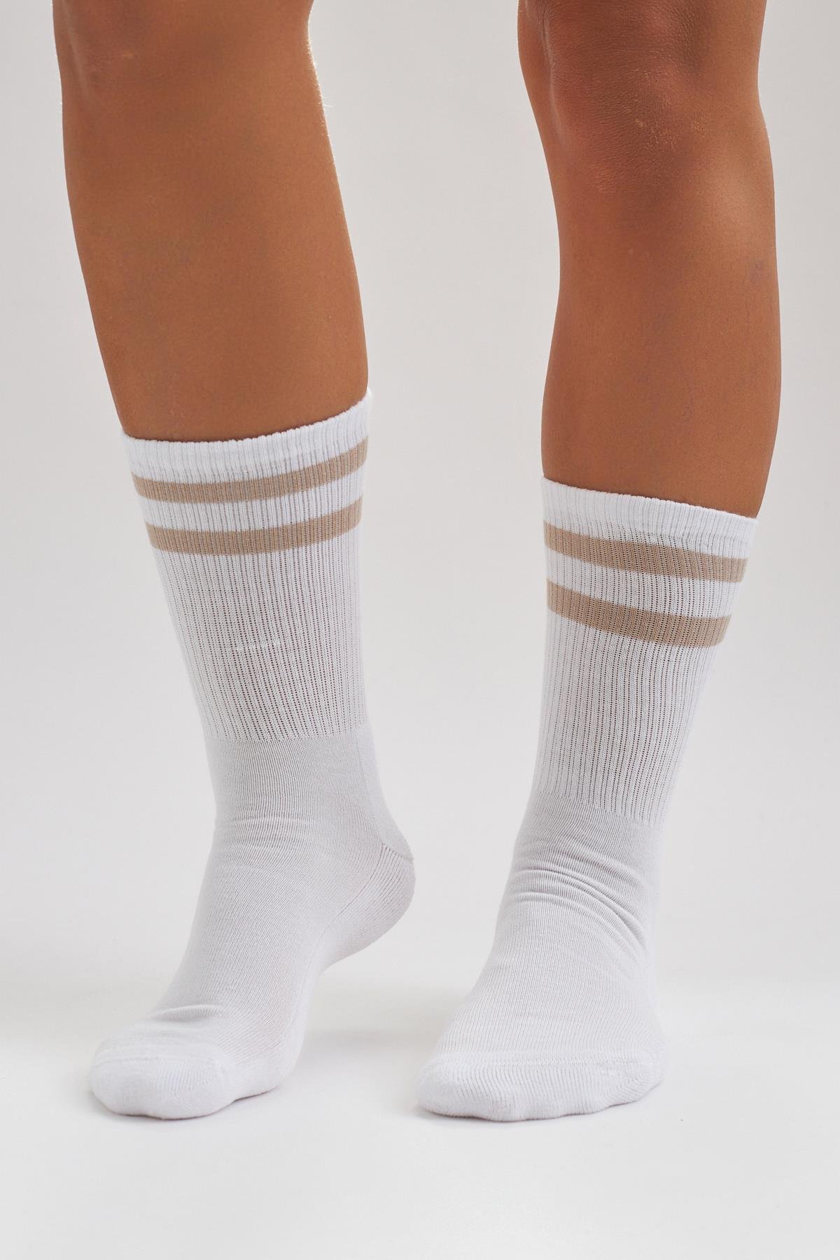Havlu Taban Çizgili Erkek Soket Çorap Bej/Beyaz