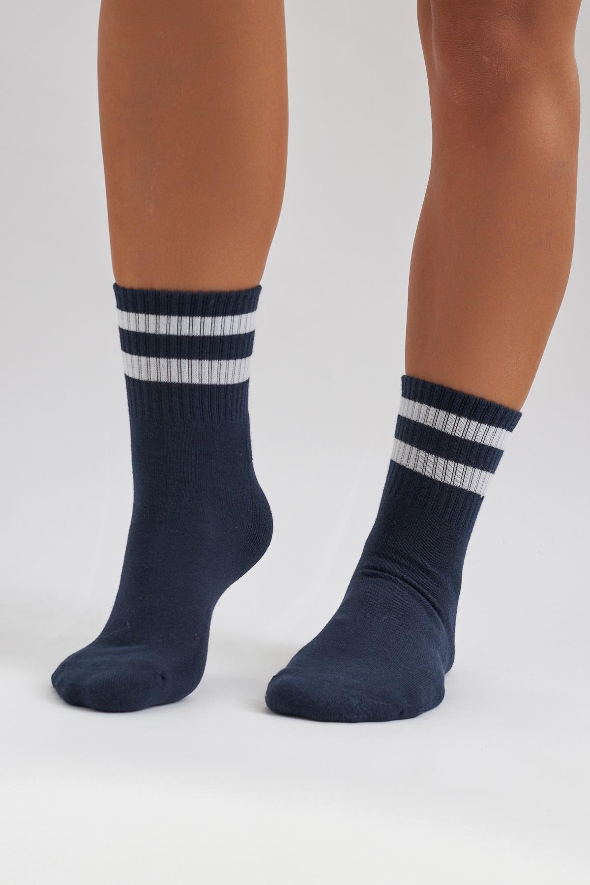 Havlu Taban Çizgili Kısa Konç Erkek Soket Çorap Lacivert/Beyaz