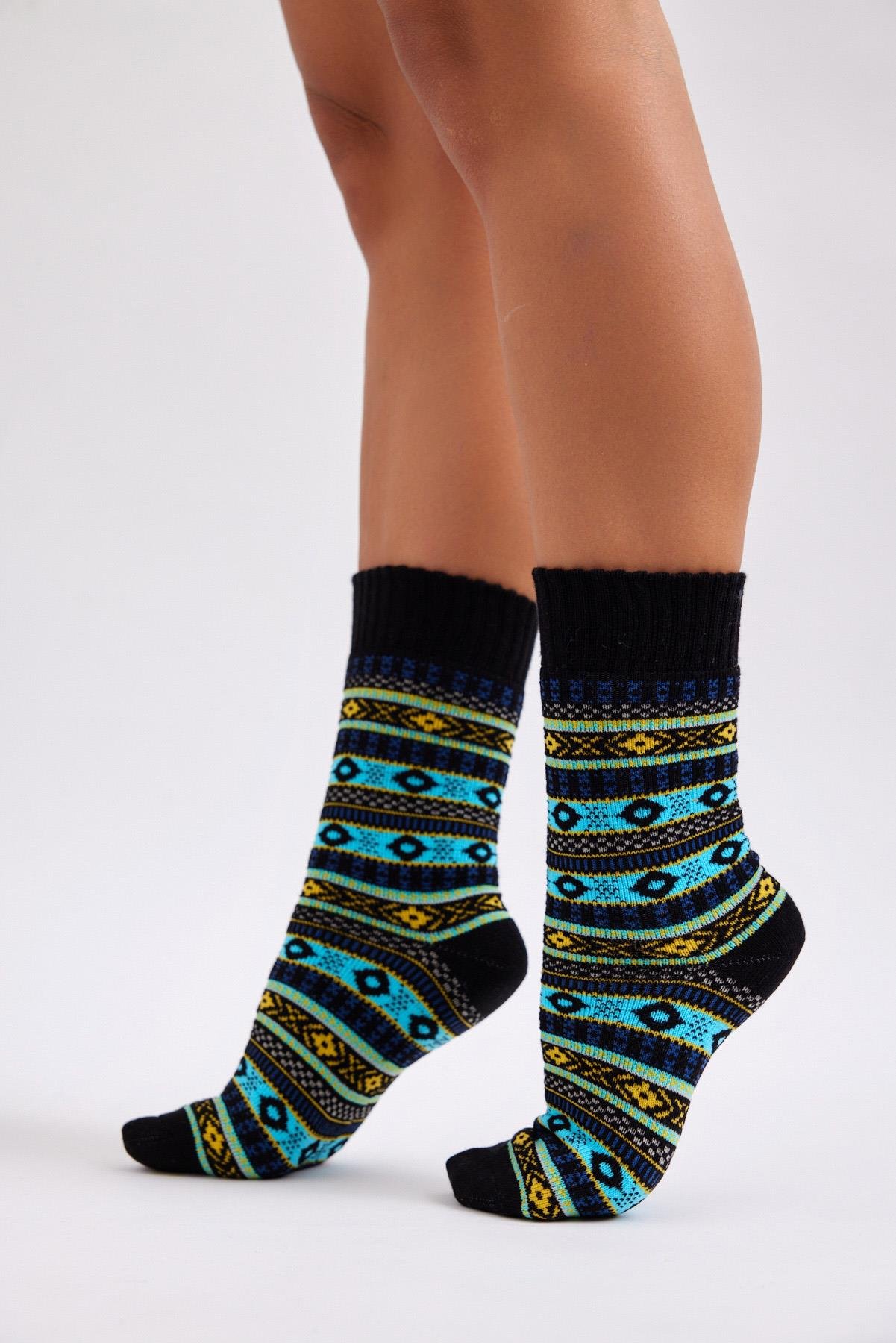 KAlın Kışlık Desenli Unisex Çorap Siyah