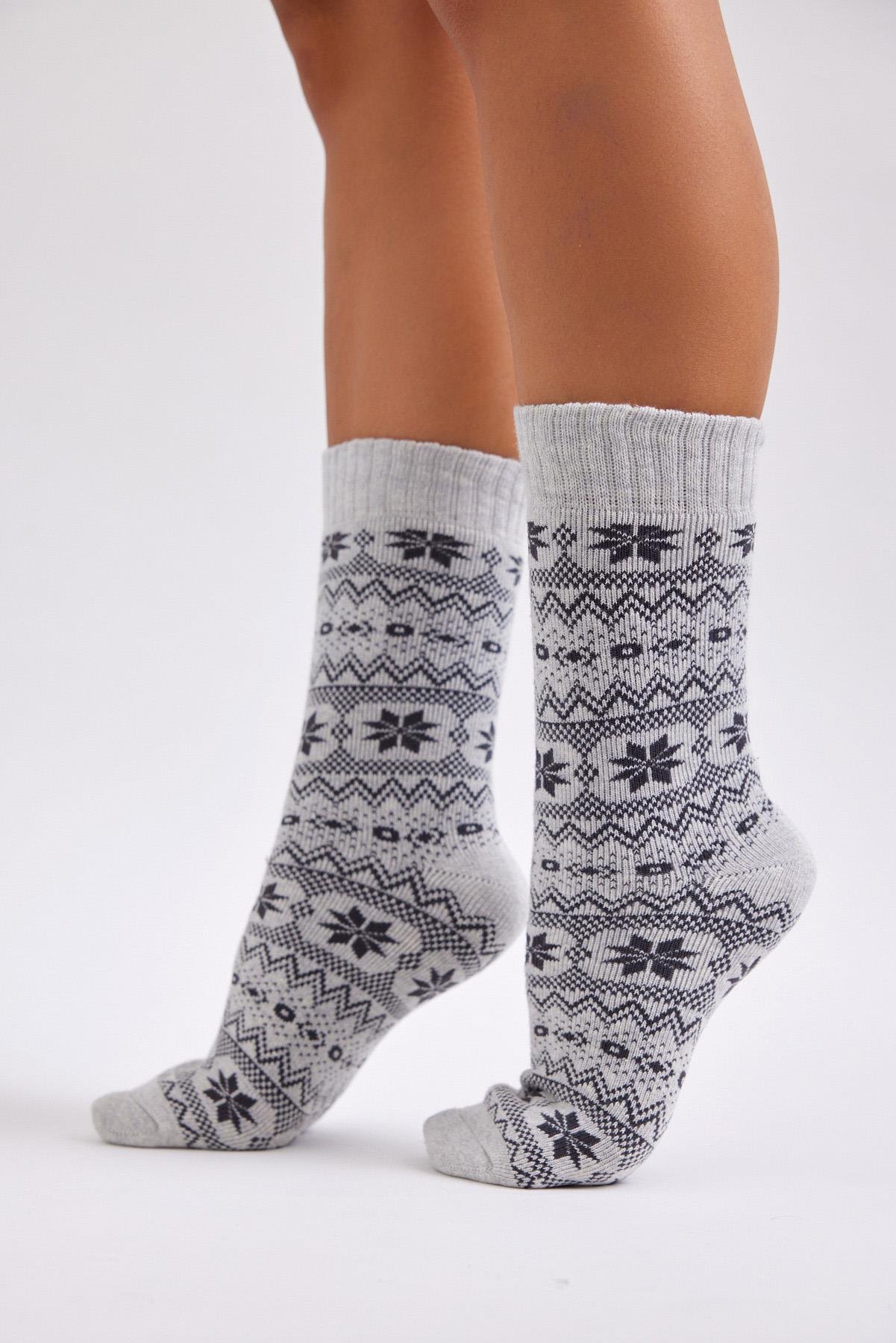 KAlın Kışlık Kar Tanesi Unisex Çorap Gri
